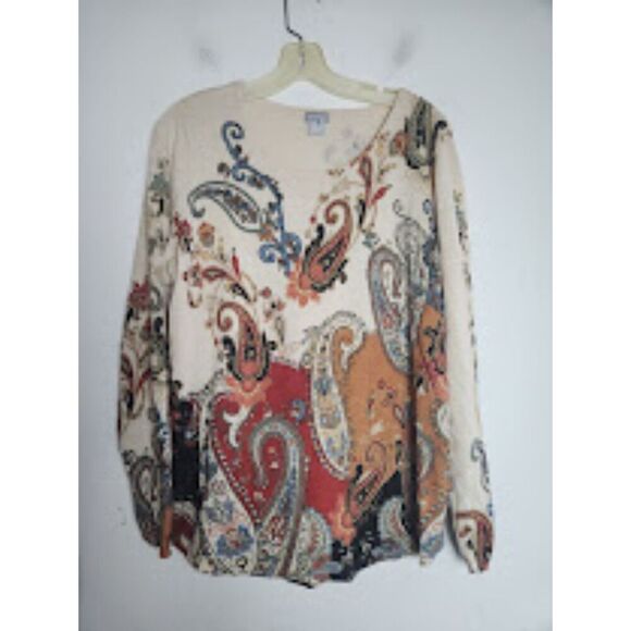 Chico's Cream Beige w/Brown Blue Red Tapestry Print Pullover Sweater size Large - Picture 1 of 8